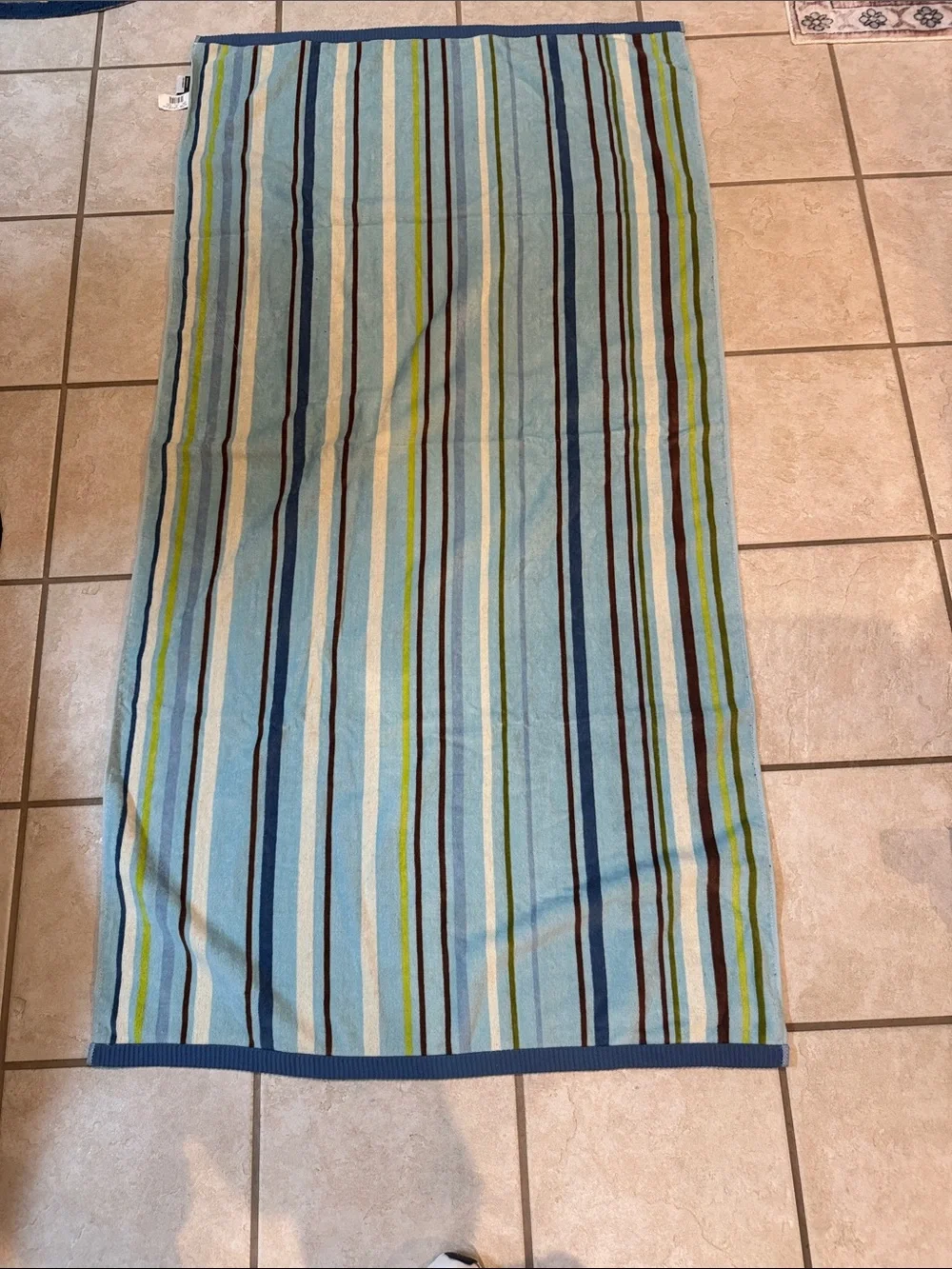 Towels Striped Blue Cotton Bath Towels with Green and Brown Accents Set of 2
